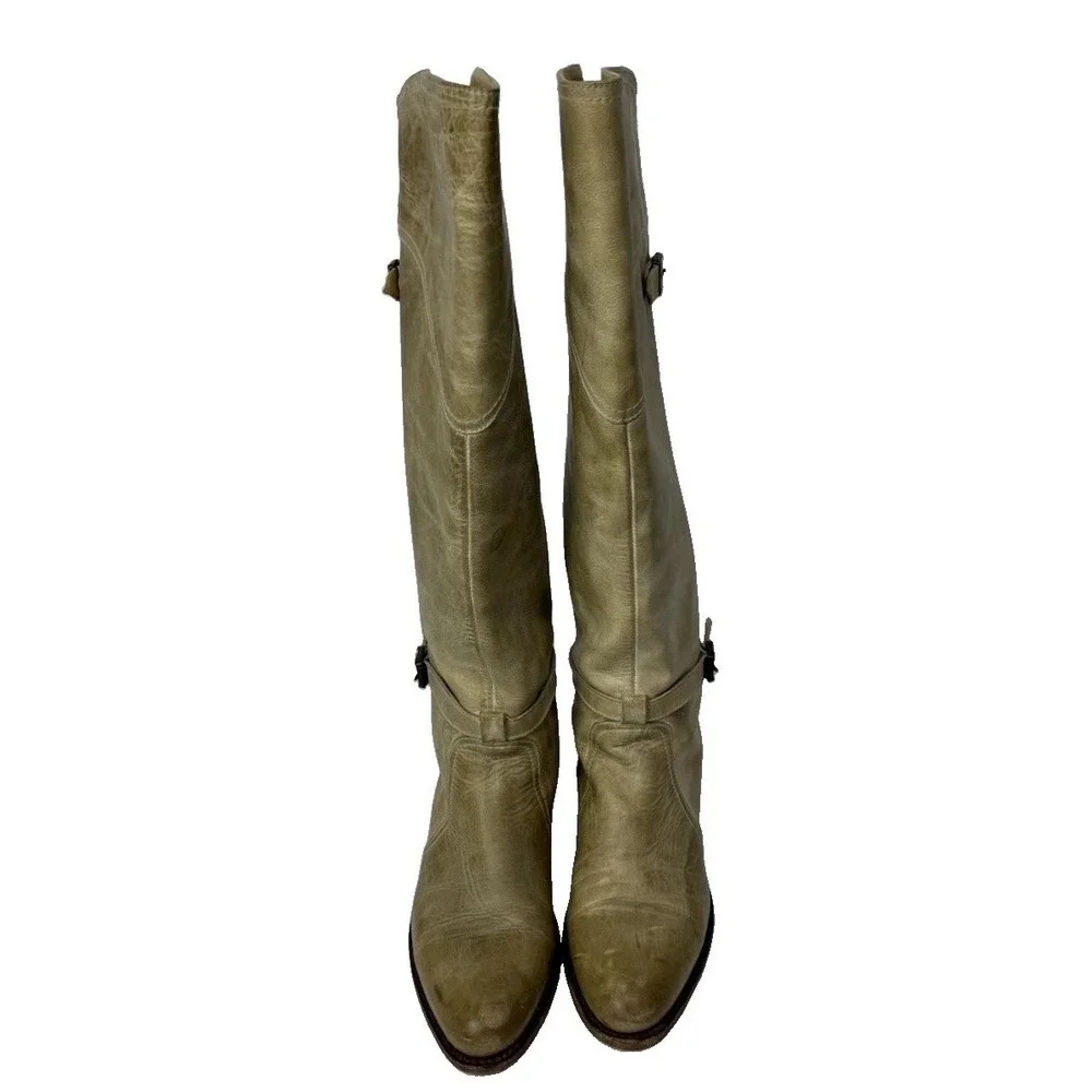FRYE Dorado Tall Knee Riding Boots  Cream Tan Leather Buckle 77559 Women's Sz 9